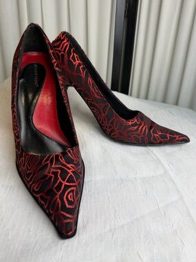 Women’s Black & Red Satin Embroidered Rose-Pattern Pointed Toe Pumps